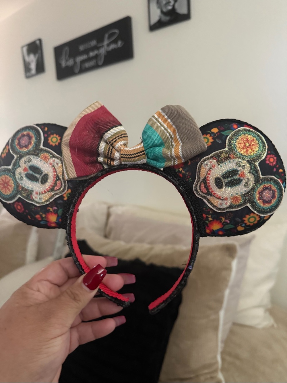 Minnie Mouse-Inspired Dia De Los Muertos Headband with Colorful Bow